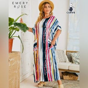 SHEIN EMERY ROSE Plus Batwing Sleeve Pocket Patched Striped Dress